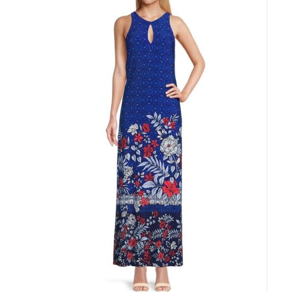 Tommy Bahama Geo Garden Print Floral Maxi Dress Keyhole Vacation Resort Beach - Picture 1 of 15